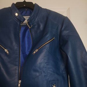 Royal blue genuine leather Plus women's moto jacket